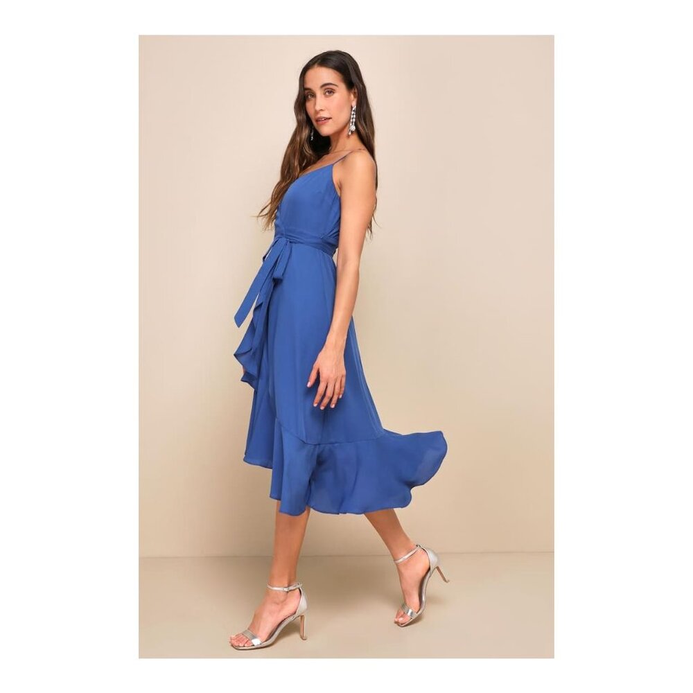 Manhattan Moment Blue Ruffled Midi Wrap Dress Med